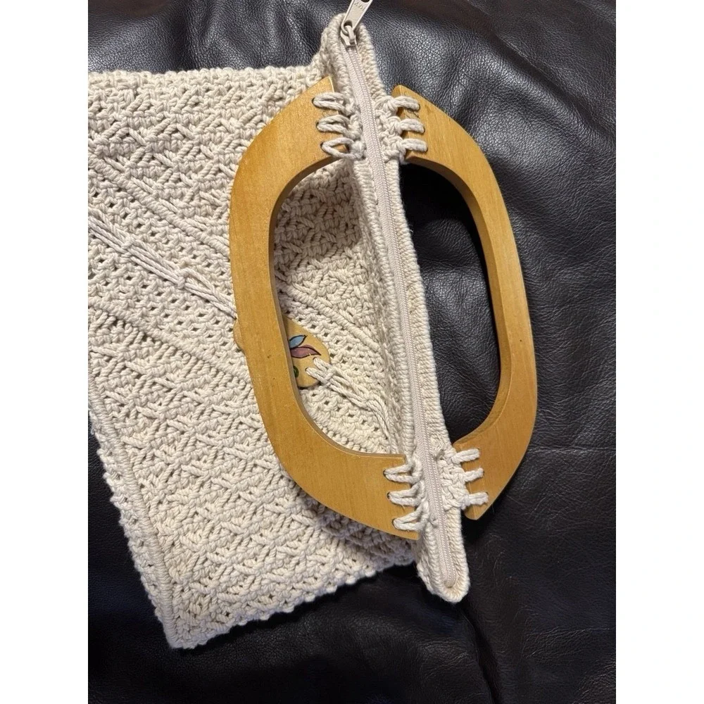 Vintage Macrame‎ Handbag with Painted Wooden Handles – Made in Philippines